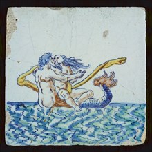 Scene tile, wife and merman, wall tile tile visualization earth discovery ceramics earthenware glaze, baked 2x glazed painted