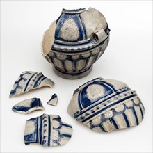 Westerwald jug with lobes, fries and fields carved, blue and gray glazed, jug crockery holder fragment soil find ceramic