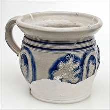 Stoneware Westerwald room pot with lions and oval cartouches with text and rider, pot holder sanitary earthenware ceramic