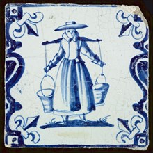 Figure tile, milkmaid with yoke, corner pattern french lily, wall tile tile sculpture ceramic earthenware enamel tinglage, baked
