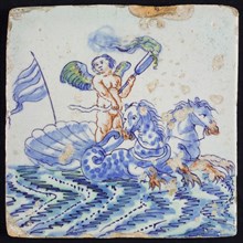 Scene tile, naked winged man with torch and flag standing on shell pulled by two seahorses, to the right, in continuous water