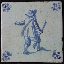 White tile with blue warrior; corner motif spider, wall tile tile sculpture ceramic earthenware glaze, baked 2x glazed painted