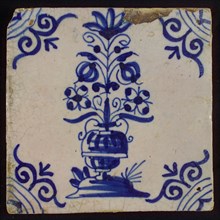 Flower tile, flowerpot in blue on white, corner pattern ox head, wall tile tile sculpture ceramic earthenware glaze, fired 2x
