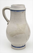 Gray stoneware jug with ear, with blue band around neck and foot, ball model with wide neck, water jug crockery holder soil find
