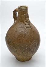 Bartmann jug, also called Bellarmine jug, jug, stoneware with cartouche on the belly, mottled brown glazed, beardmug tableware