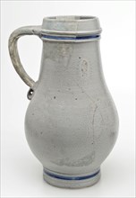 Gray stoneware jug with ear, blue bands around neck and foot, ball model with wide neck opening, water jug crockery holder soil