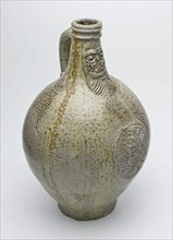 Gray Bartmann jug, also called Bellarmine jug, stoneware, with beard and cartouche, beard masonry tableware holder soil find