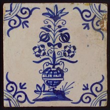 Flower Tile, flowerpot in blue on white, corner motif of ox's head, wall tile tile sculpture ceramic earthenware glaze, baked 2x