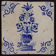 Flower tile, flowerpot in blue on white, corner pattern ox head, wall tile tile sculpture ceramic earthenware glaze, baked 2x