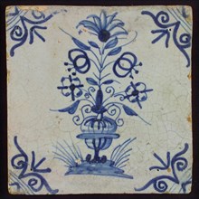 Flower Tile, flowerpot in blue on white, corner motif of ox's head, wall tile tile sculpture ceramic earthenware glaze, baked 2x