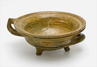 Earthenware bowl or cooking pot on three legs, one lying and one standing ear, glazed, cooking pot crockery holder kitchen