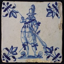 White tile with blue warrior, corner pattern lily, wall tile tile sculpture ceramics pottery glaze, baked 2x glazed painted