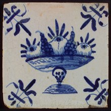 Tile with blue fruit bowl; corner pattern lily, wall tile tile footage ceramic pottery glaze, baked 2x glazed painted Four tiles