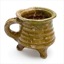 Small pottery cooking jug or cup on three legs, standing ear, cooking jug cup kitchenware toy relaxant soil find ceramic