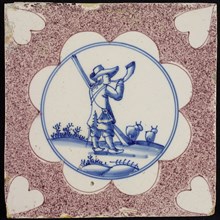 Figure tile, purple sprinkled tile, in scalloped blue circle hunter with horn and rifle, corner motif heart, wall tile