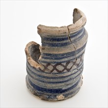 Fragment majolica ointment jar, albarello, line and diamond decor in blue and purple, albarello holder soil find ceramic