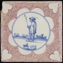 Figure tile, purple sprinkled tile, shepherd with staff and sheep, corner motif heart, wall tile tile sculpture ceramic