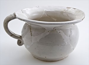 White faience room pot with outstanding rim and curled ear, pot holder sanitary earthenware ceramics pottery glaze tin glaze