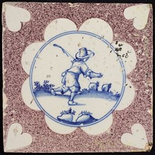Figure tile, purple sprinkled tile, running shepherd and sheep, corner motif heart, wall tile tile sculpture ceramic earthenware