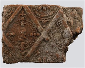 Hearthstone, from Antwerp Belgium, without frame, with male and female head, hearth fireplace component earth finding ceramics