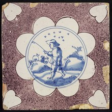 Figure tile, purple sprinkled tile, shepherd with staff, corner motif heart, wall tile tile sculpture ceramic earthenware glaze
