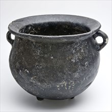 Black earthenware pot with two standing ears, on three legs, ball-shaped model, pot holder soil found ceramic pottery, hand