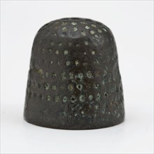 Copper molded thimble with smashed pits, thimble sewing kit soil find copper metal, cast Copper molded thimble head