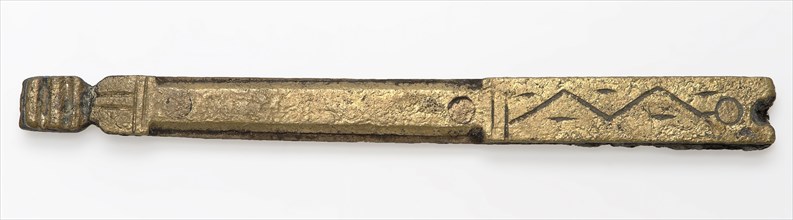 Fragment of book fittings, ornamental fitting book fitting soil found brass metal, cast engraved riveted Yellow copper metal rod