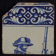 Tile of tableau with blue decorated edges, male head with hat, tile picture footage fragment ceramics pottery glaze, baked 2x