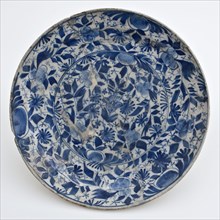Faience plate, with blue full decor of floral and leaf motif, foglie decor, plate crockery holder soil find ceramic pottery