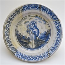 Large majolica dish, with blue decor on Maria's flat with child, rim with band motif, dish crockery holder soil find ceramic