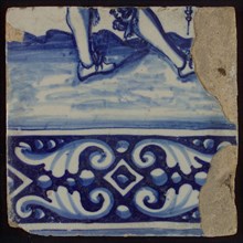 Tile of tableau with edges decorated in blue, legs, tile picture footage fragment ceramics pottery glaze, baked 2x glazed
