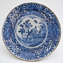 Faience dish with blue decor in Quanlong style, flat with bird on branch and insect, plate dish crockery holder soil find