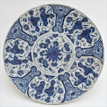 Faience plate on wide stand ring with blue-white decor, flower rosette and five fields along the edge, dish crockery holder soil