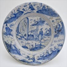 Faience plate with blue decor, Chinese figures in the mirror and on the edge, dish crockery holder soil find ceramic earthenware