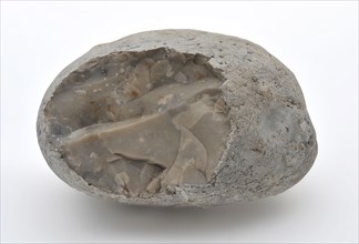 White gray smooth flint with round shape, flint lighter equipment soil find flint, Even flint kneaded pieces. Weathered fracture