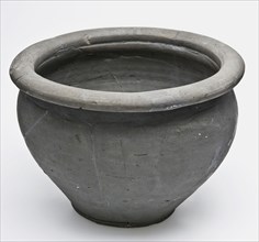 Gray pot with an upwardly curled upper edge on narrow base, storage pot pot holder earthenware ceramic pottery, hand-turned