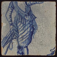 Tile of tableau with blue soldier's torso, tile picture footage fragment ceramics pottery glaze, baked 2x glazed painted Tiles