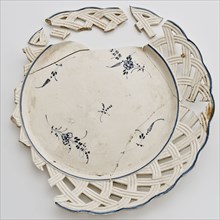 Fragments plate, lace border with wickerwork, blue spreading flowers in the mirror, plate dishware holder earthenware