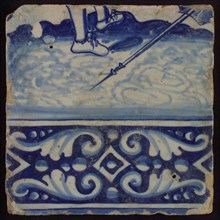 Tile of tableau with in blue feet and decorated border, tile picture footage fragment ceramics pottery glaze, baked 2x glazed