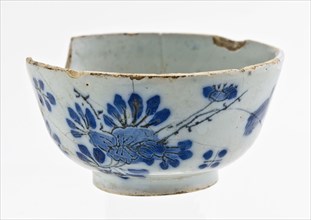 Small faience tea bowl, come with blue decor in Oriental style with flowers branches and birds, bowl crockery holder soil find