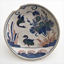 Faience dish, small size with polychrome decor, flowers and birds, dish plate crockery holder soil find ceramic earthenware