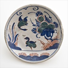 Small faience dish on stand, polychrome decor, flowers and birds, dish plate crockery holder soil find ceramic earthenware glaze
