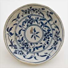 Small faience dish on stand, floral decor in blue on white ground, dish plate crockery holder soil find ceramic earthenware