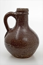 Stoneware jug, ball round on stand, brown and mottled glazed, jug crockery holder soil find ceramic stoneware glaze salt glaze