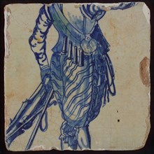 Tile of tableau with in blue part of soldier, tile picture footage fragment ceramics pottery glaze, baked 2x glazed painted Tile