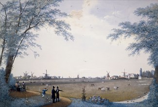 Polder landscape in Hillegersberg, in the background many windmills and ships, landscape watercolor painting visual material
