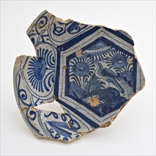 Fragment majolica dish with Chinese decor in blue, the Chinese garden in Wanli style, plate crockery holder soil find ceramic