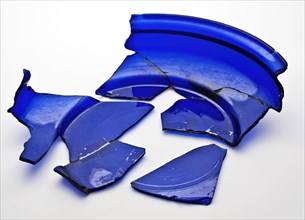 Three fragments of glass bowl, dark blue cobalt glass, floating bowl, dish vessel holder fragment soil found glass h 5.6, molded