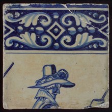 Tile of tableau with decorated rim, male head with hat, tile picture footage fragment ceramics pottery glaze, baked 2x glazed